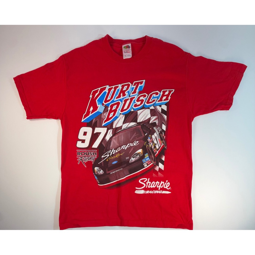 Vintage Kurt Busch NASCAR Roush Racing Sharpie T-Shirt Red Medium 97 Ford Taurus